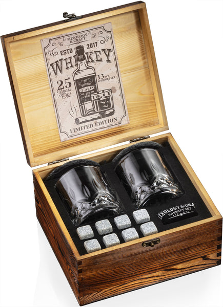 Whiskey Stones Gift Set for Men and Women with Wooden Box and Velvet Bag