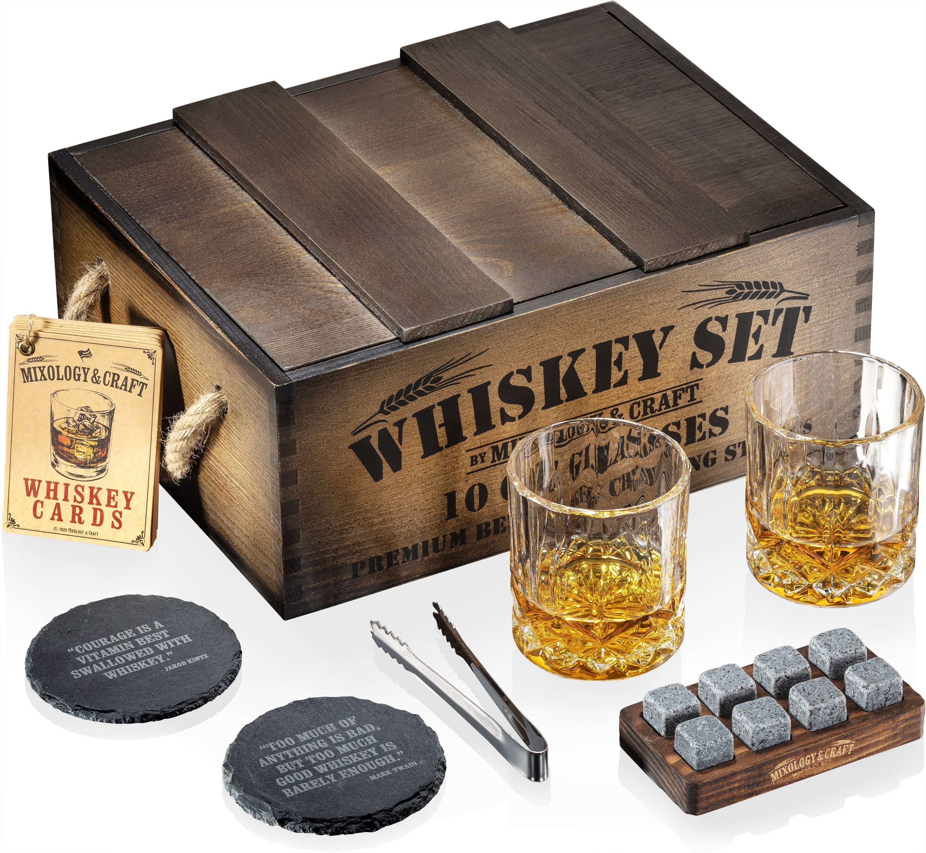 Whiskey Stones & Decanter Gift Set - 2 Glasses, 2 Coasters - Vintage  Gentlemen