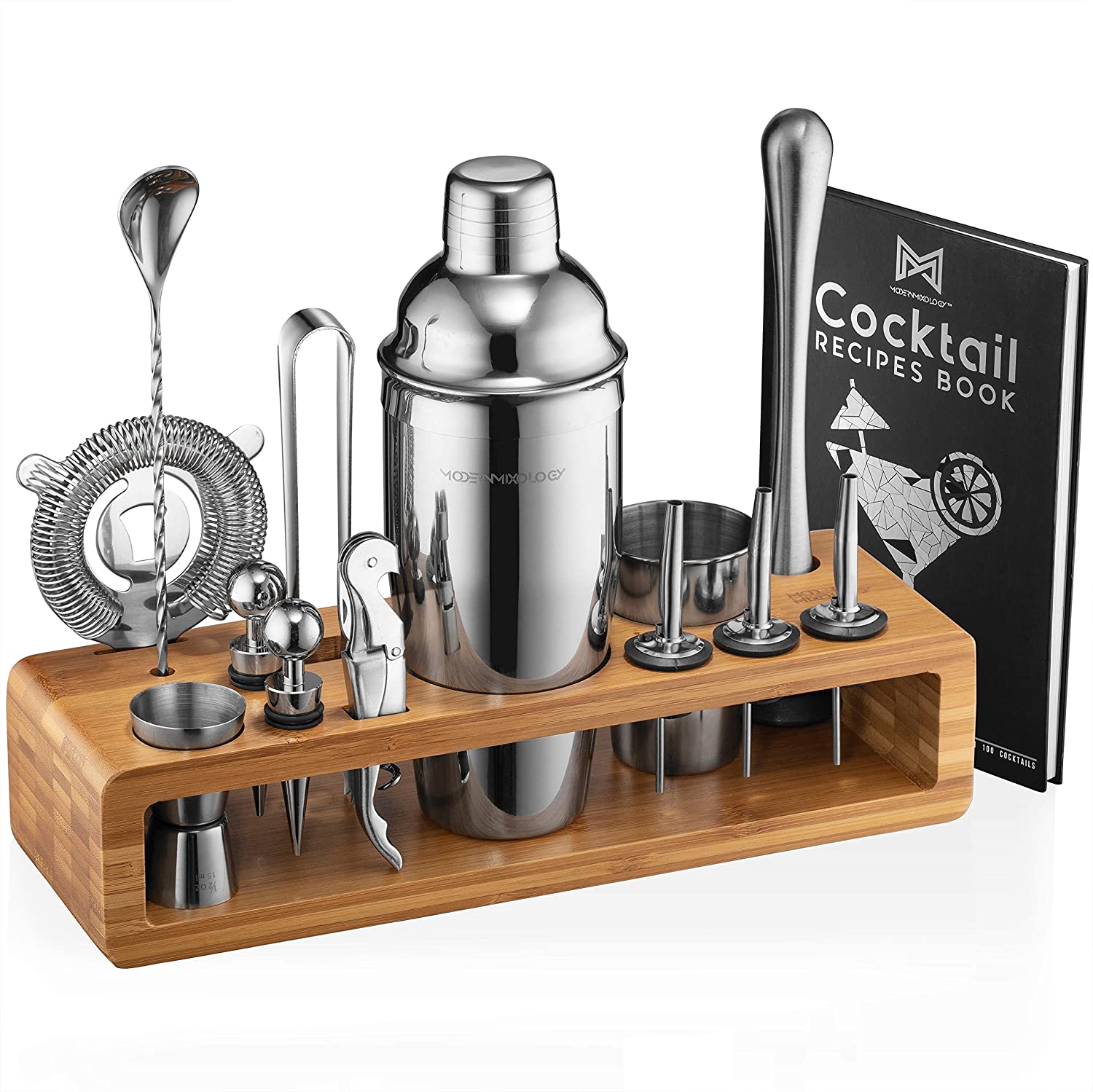 Silver 23-Piece Bar Set Cocktail Shaker Bartender Set with Bamboo Stan