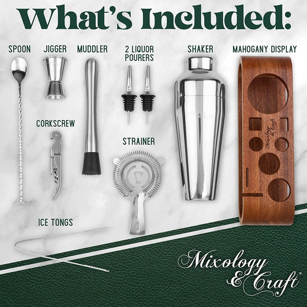 Mixology Bartender Kit - 8-Piece Cocktail Shaker Set with Wood Stand,  Recipe Cards, and Bar Accessories Ideas (Silver)