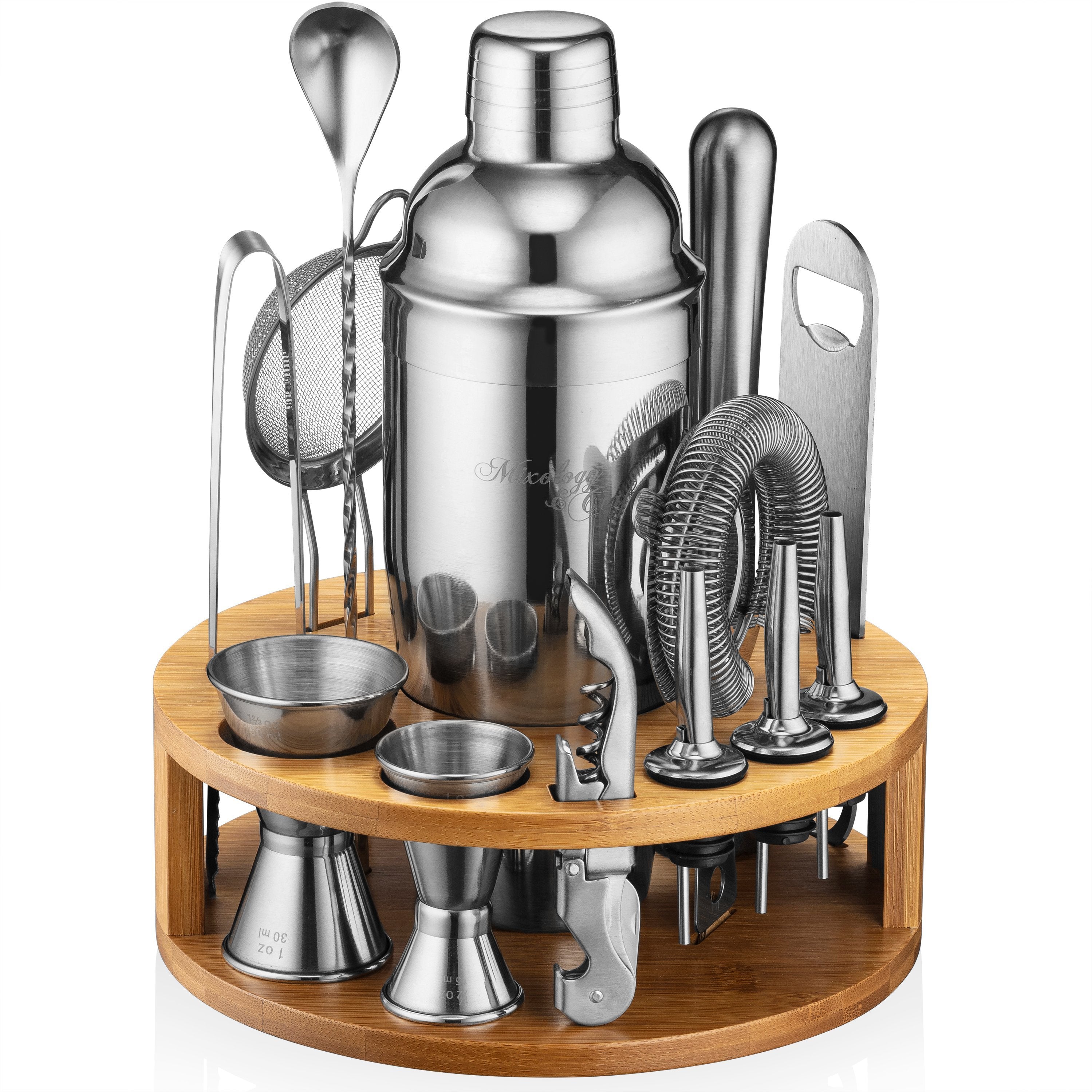 Silver 23-Piece Bar Set Cocktail Shaker Bartender Set with Bamboo Stand