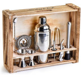 Silver Bartender Kit with Rustic Wood Stand