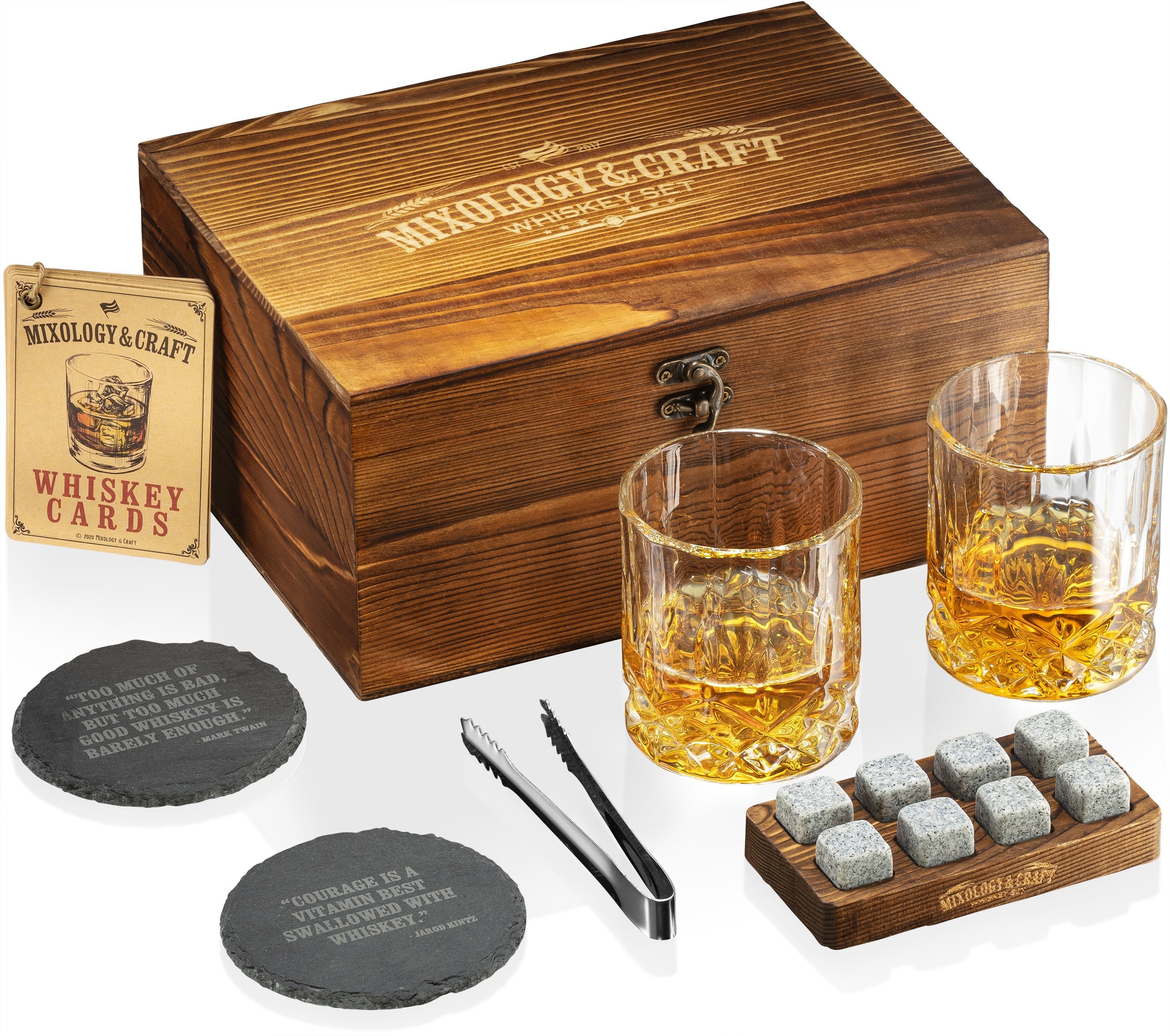 Whiskey Glasses Gift Set for Men & Women | Whiskey Glass & Stone Set with Wooden Box | Mixology & Craft