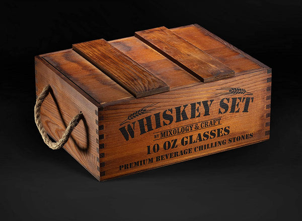 Whiskey Stones Gift Set for Men and Women with Rustic Wooden Crate